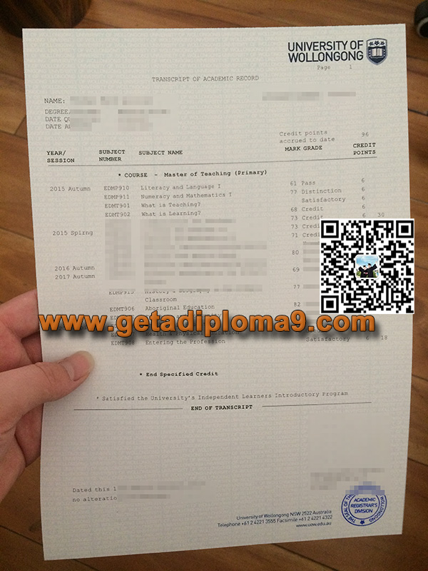 University of Wollongong diploma，卧龙岗大学成绩单